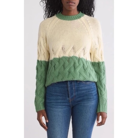 NWT Blank NYC Colorblock Crewneck Cable Knit Sweater Match Maker Green Cream XS - Picture 1 of 9